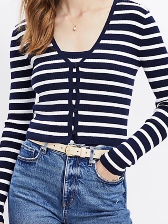 LOFT Sweaters - LOFT Navy & White Striped Button-Front Cropped Cardigan and Tank